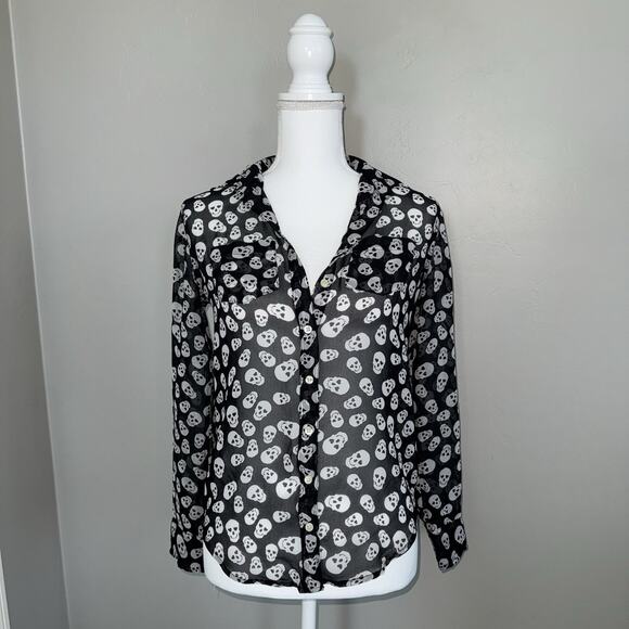 Aeropostale Sheer Skull Long Sleeve Button Up Shirt Woman’s XS Black Heart Eyes - Picture 2 of 9